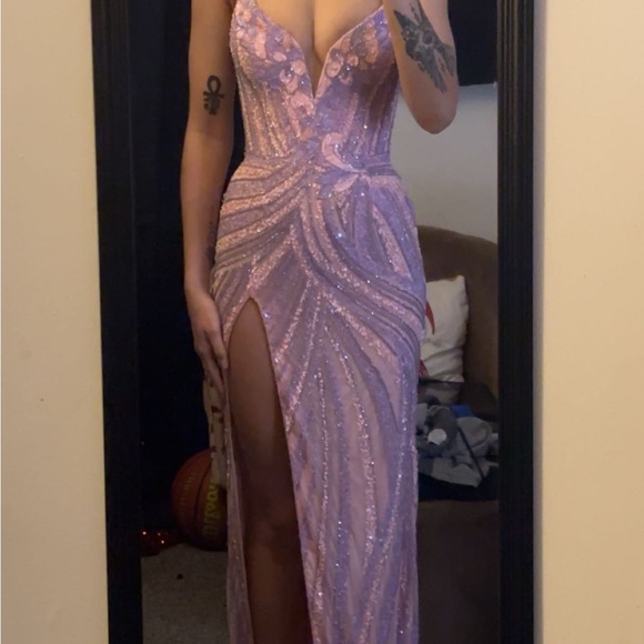 Sherri Hill Lilac Sequin Plunging Evening Gown with High Slit